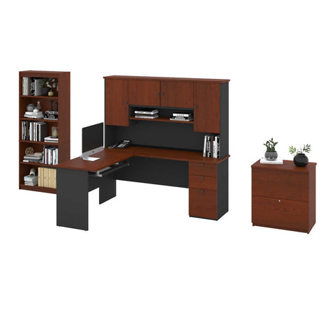 3-Piece set including an L-shaped desk with hutch, a lateral file cabinet, and a bookcase