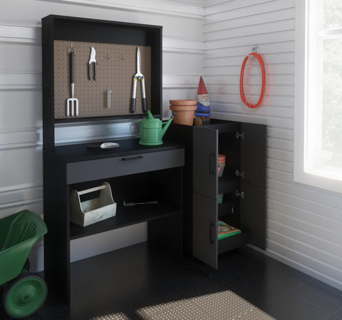 4-Piece Set including a Workbench with Pegboard and Stackable Storage Cabinets