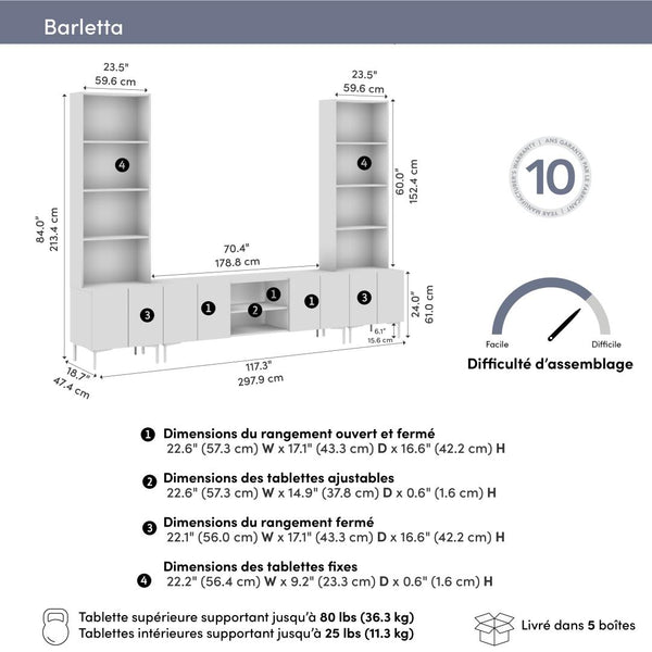 118W Modular Entertainment Center with TV Stand and Storage Cabinets with Hutches