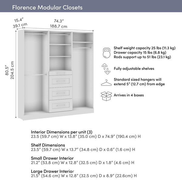 Modular Closet System with Shelves, Drawers & Clothing Rods, Shaker Style, 75W x 16D