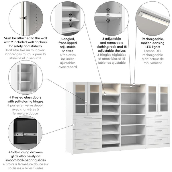 Modular Closet System with Shelves, Drawers, Doors, Shoe Racks, Clothing Rod & LED Lights, Shaker Style, 132W x 25D