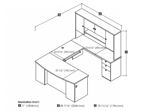U or L-Shaped Desk, a Lateral File Cabinet, and a Bookcase