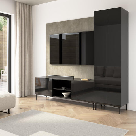 94W Modular Entertainment Center with TV Stand, Tall Storage Cabinet, and Small Wall Panel