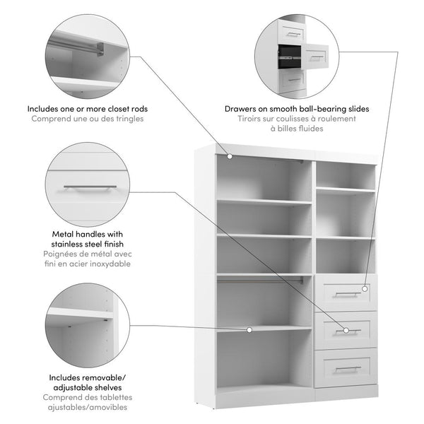 Contemporary Closet System with Shelves, Drawers & Clothing Rods, 61W x 19D