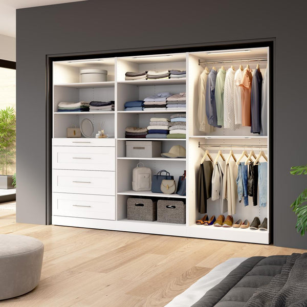 Modular Closet System with Shelves, Drawers, Clothing Rods & LED Lights, Shaker Style, 107W x 25D