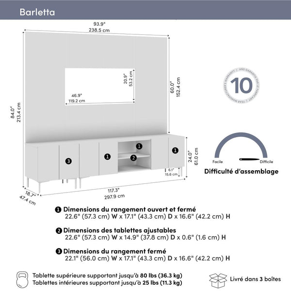 118W Modular Entertainment Center with TV Stand, Storage Cabinets, Hutch, and Large Wall Panel