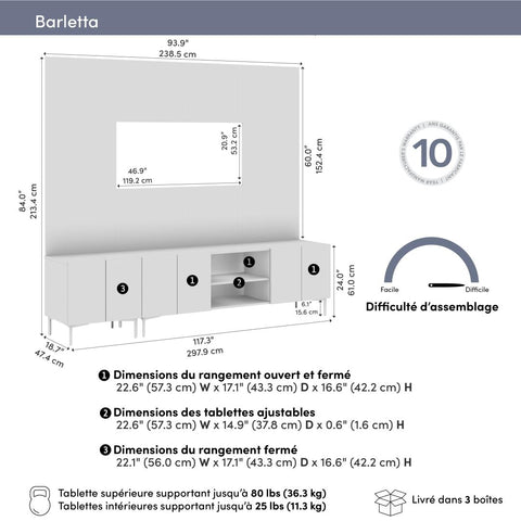 118W Modular Entertainment Center with TV Stand, Storage Cabinets, Hutch, and Large Wall Panel