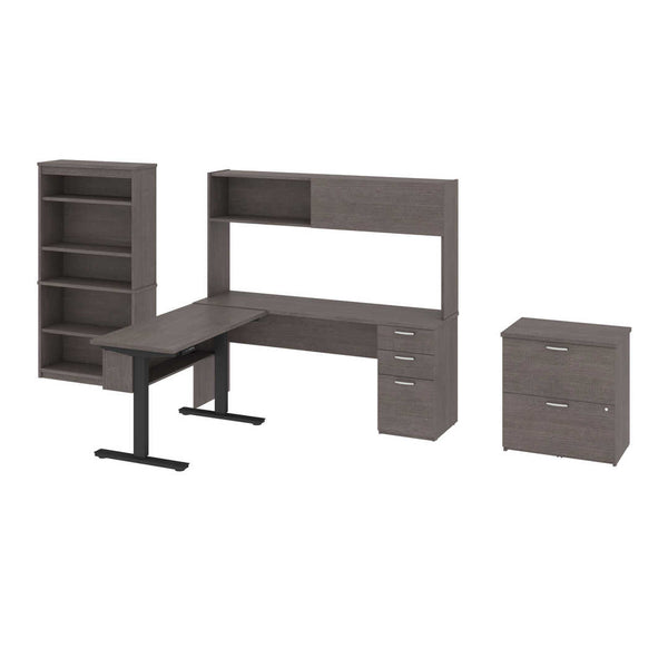 4-Piece set including a standing desk, a credenza desk with hutch, a lateral file cabinet, and a bookcase