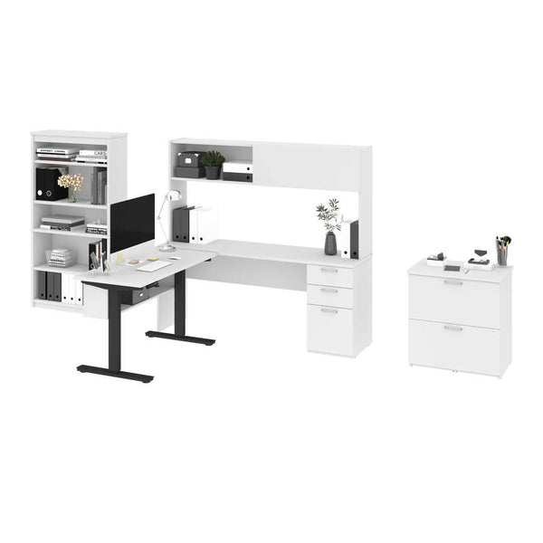 4-Piece set including a standing desk, a credenza desk with hutch, a lateral file cabinet, and a bookcase
