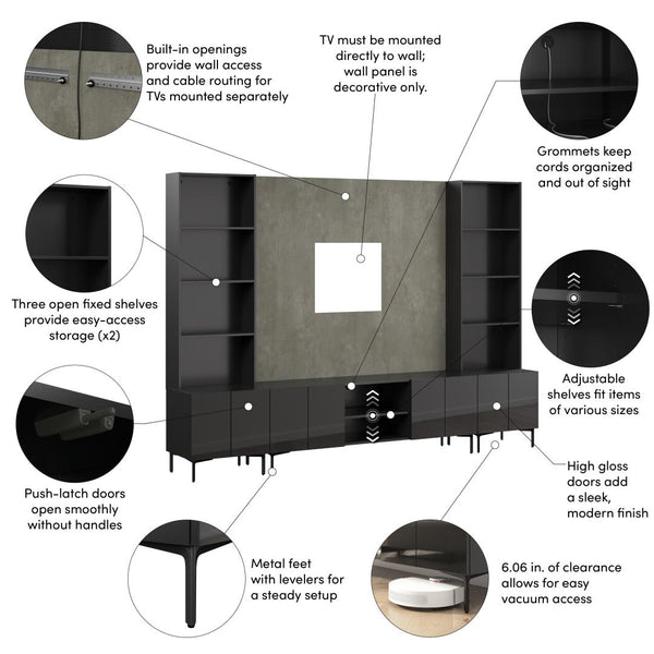 118W Modular Entertainment Center with TV Stand, Storage Cabinets with Hutches, and Small Wall Panel