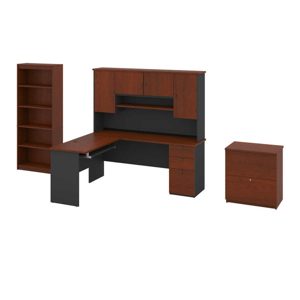 3-Piece set including an L-shaped desk with hutch, a lateral file cabinet, and a bookcase