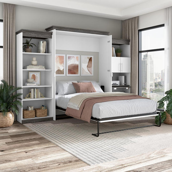 Queen Murphy Bed with Shelves and Storage Cabinet with Fold-Out Desk (126W)