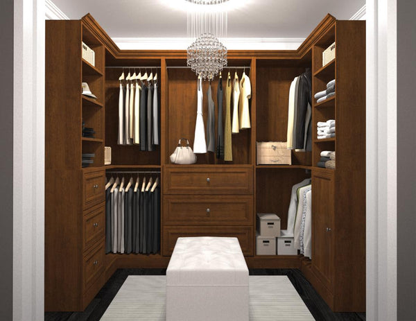 Traditional U-Shaped Closet System with Shelves, Drawers, Clothing Rods, Doors & Cubbies, 108W x 61D