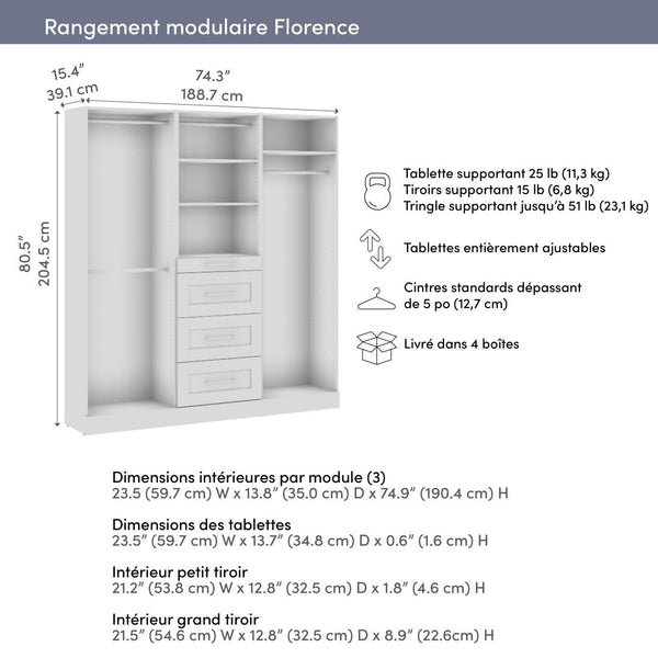 Modular Closet System with Shelves, Drawers & Clothing Rods, Shaker Style, 75W x 16D