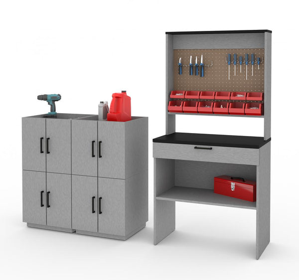 7-Piece Set including a Workbench with Pegboard and Stackable Storage Cabinets