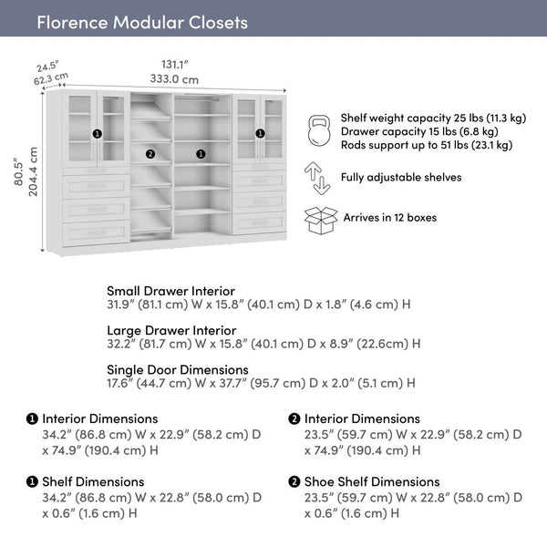 Modular Closet System with Shelves, Drawers, Doors, Shoe Racks, Clothing Rod & LED Lights, Shaker Style, 132W x 25D