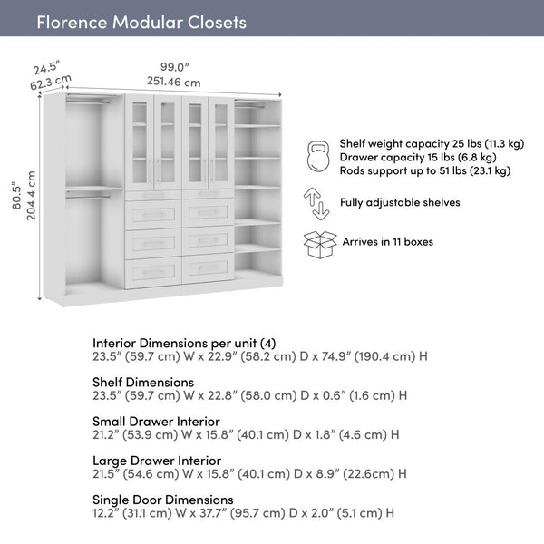 Modular Closet System with Shelves, Drawers, Doors, Clothing Rods & LED Lights, Shaker Style, 100W x 25D