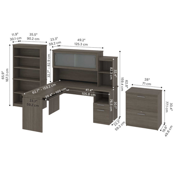 65W L-Shaped Desk with Hutch, Lateral File Cabinet, and Bookcase