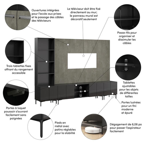 118W Modular Entertainment Center with TV Stand, Storage Cabinets, Hutch, and Large Wall Panel