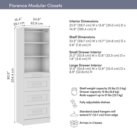 Modular Closet System with Shelves, Drawers & Clothing Rods, Shaker Style, 25W x 16D
