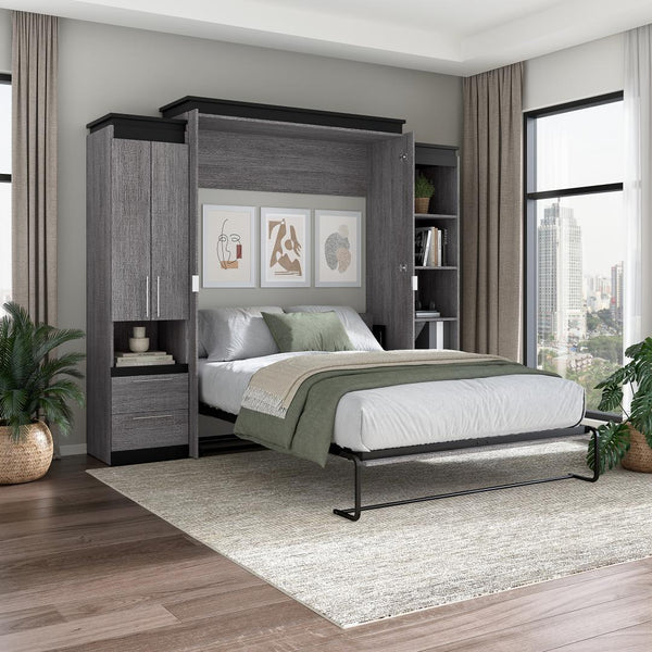 Queen Murphy Bed with Storage Cabinet and Tall Shelf with Drawers (106W)