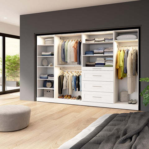 Modular Closet System with Shelves, Drawers, Clothing Rods & LED Lights, Shaker Style, 121W x 25D