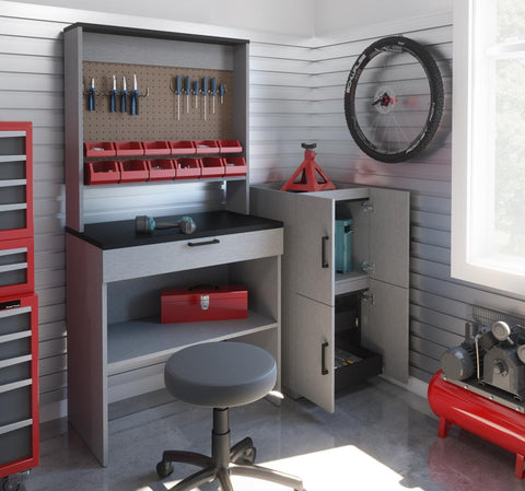 4-Piece Set including a Workbench with Pegboard and Stackable Storage Cabinets
