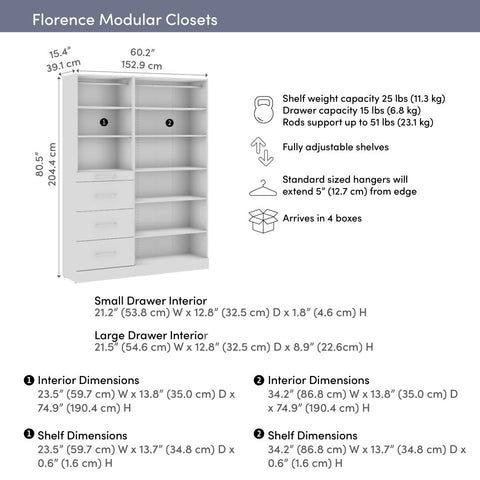 Modular Closet System with Shelves & Drawers & Clothing Rods, Slab Style, 61W x 16D