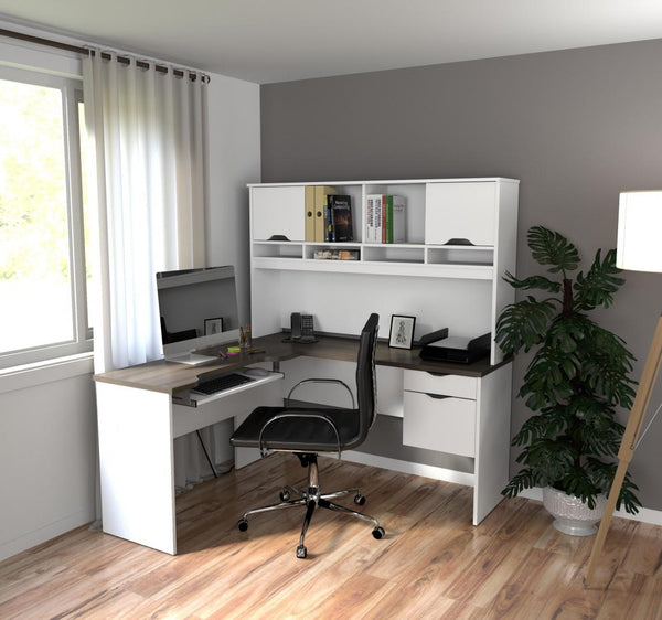L-Shaped Desk with Dual Half Pedestal and Hutch