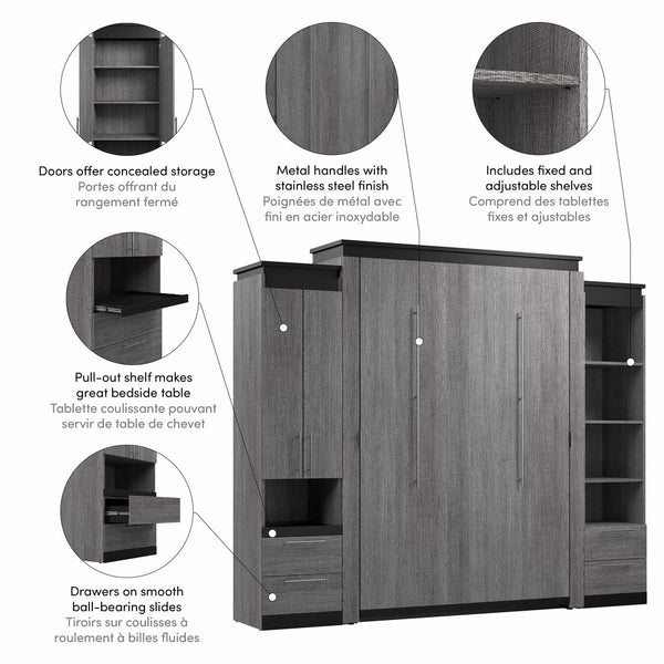 Queen Murphy Bed with Storage Cabinet and Tall Shelf with Drawers (106W)