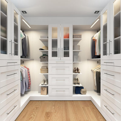 Modular U-Shaped Closet System with Shelves, Drawers, Doors & LED Lights, Shaker Style, 113W x 61D