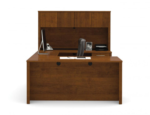 U-Shaped Executive Desk with Hutch, a Lateral File Cabinet, and a Bookcase