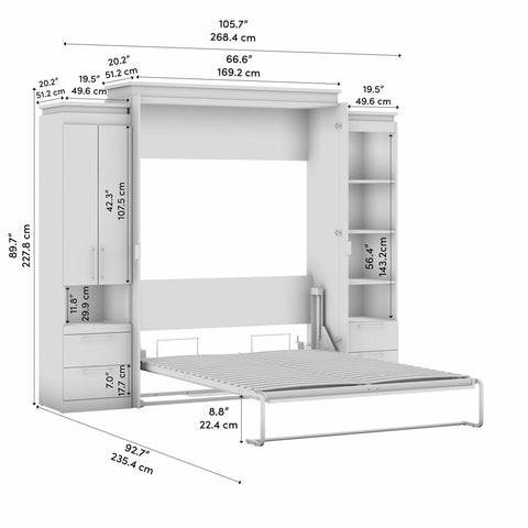 Queen Murphy Bed with Storage Cabinet and Tall Shelf with Drawers (106W)