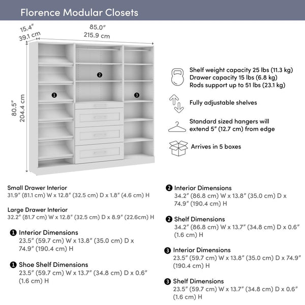 Modular Closet System with Shelves, Drawers, Shoe Racks & Clothing Rods, Shaker Style, 85W x 16D