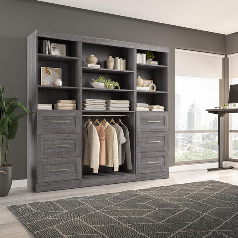 Contemporary Closet System with Shelves, Drawers & Clothing Rods, 86W x 19D