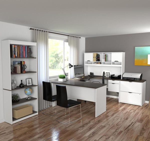 U or L-Shaped Desk with Hutch, a Lateral File Cabinet and a Bookcase