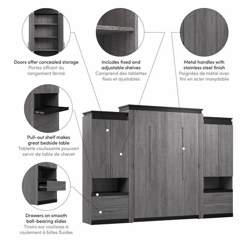Queen Murphy Bed with Storage Cabinets and Pull-Out Shelves (126W)