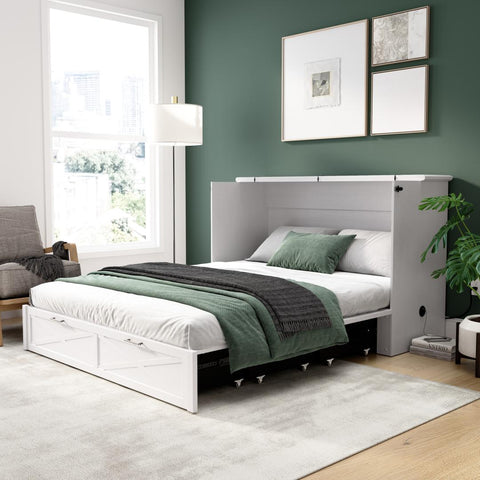 65W Queen Murphy Cabinet Bed with Pullout Drawer