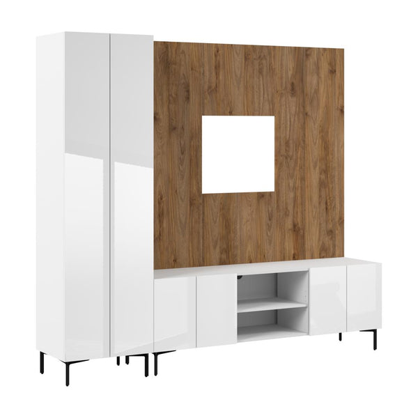 94W Modular Entertainment Center with TV Stand, Tall Storage Cabinet, and Small Wall Panel