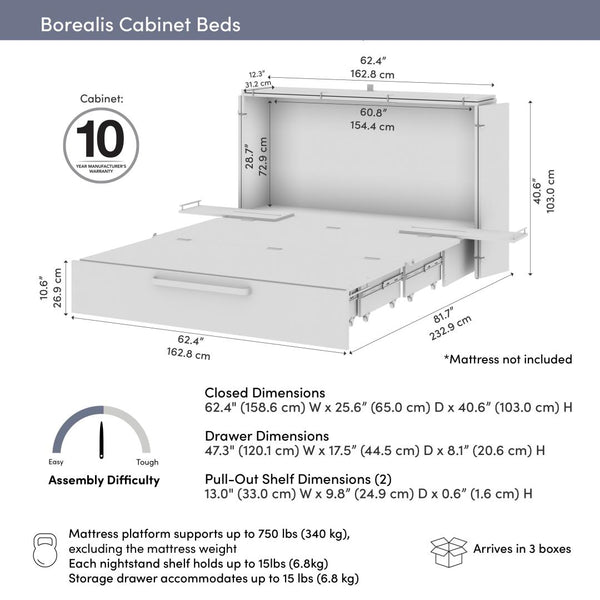 63W Queen Murphy Cabinet Bed with Pullout Drawer
