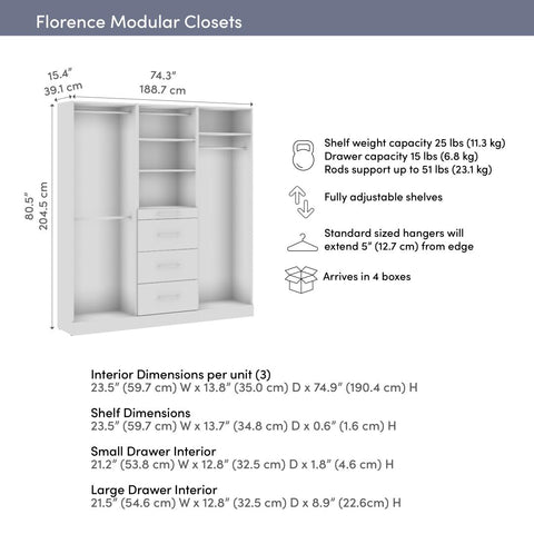 75W x 16D Modular Reach-In Closet System with Rods, Shelves, and Drawers, Slab Style