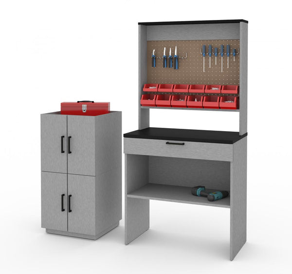 4-Piece Set including a Workbench with Pegboard and Stackable Storage Cabinets