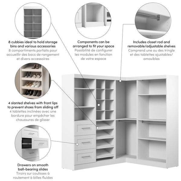 Contemporary Closet System with Shelves, Drawers, Shoe Racks, Clothing Rods & Cubbies, 83W X 68D