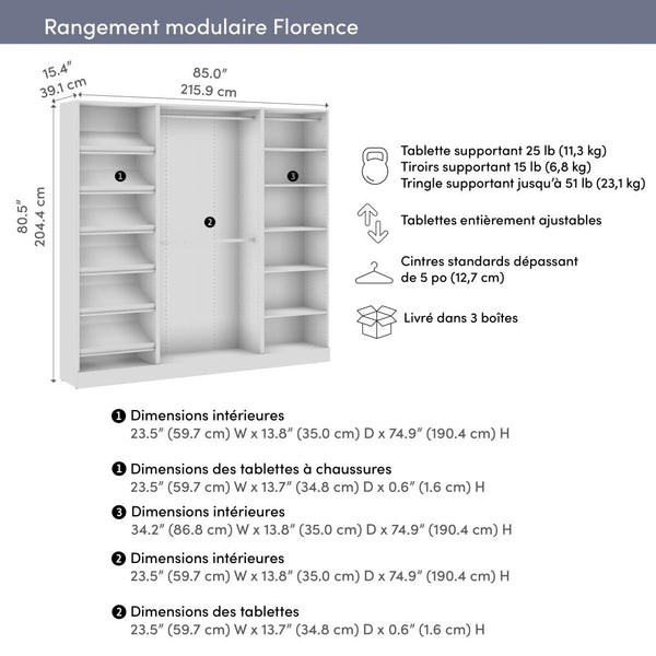 Modular Closet System with Shelves, Clothing Rods & Shoe Racks, 85W x 16D