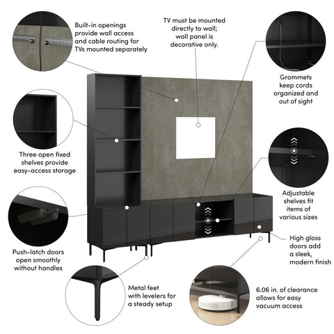 94W Modular Entertainment Center with TV Stand, Storage Cabinet, Hutch, and Small Wall Panel