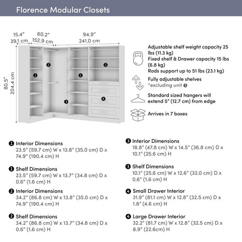 Modular L-Shaped Closet System with Shelves, Drawers & Clothing Rods, Shaker Style, 95W x 61D