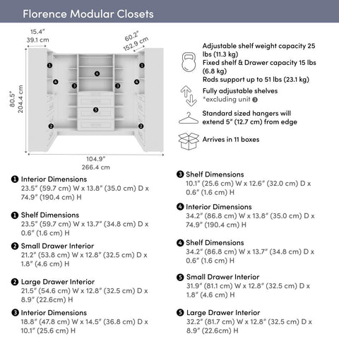 Modular U-Shaped Closet System with Shelves, Drawers & Clothing Rods, Shaker Style, 105W x 61D