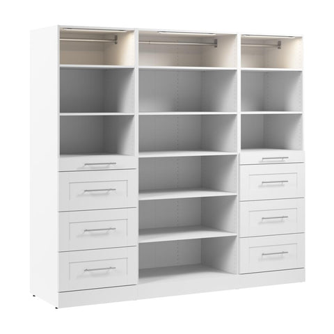 Modular Closet System with Shelves, Drawers, Clothing Rods & LED Lights, Shaker Style, 85W x 25D