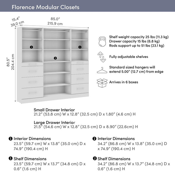 Modular Closet System with Shelves, Drawers & Clothing Rods, Slab Style, 85W x 16D