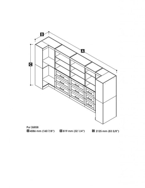 Contemporary U-Shaped Closet System with Shelves, Drawers & Clothing Rods, 161W x 33D